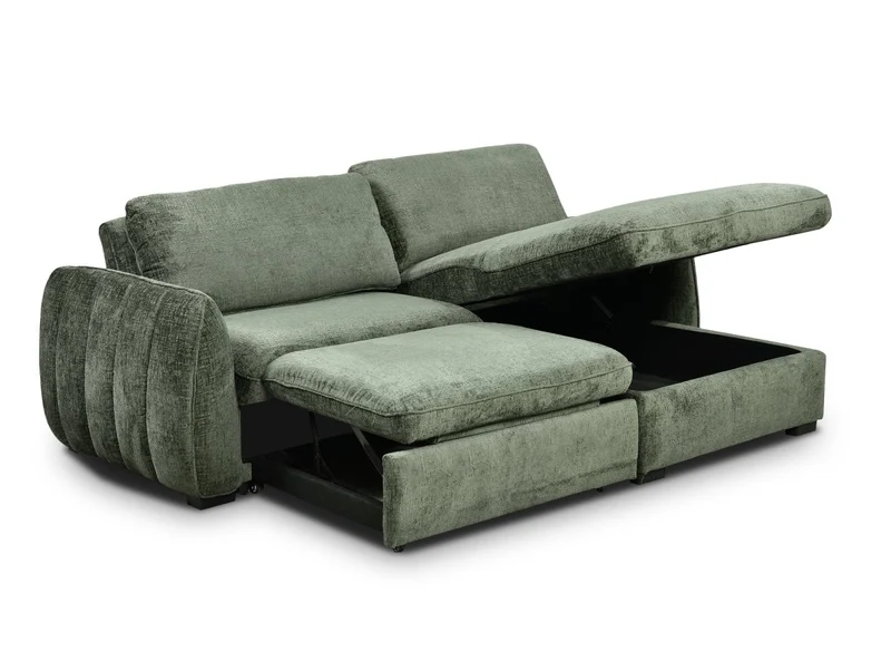 Canapé d'angle convertible et réversible avec coffre en velours chiné vert kaki LIORA