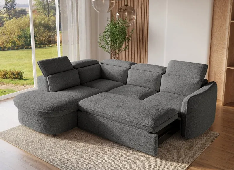Canapé d'angle convertible avec coffre en tissu bouclette gris BAYA - angle gauche