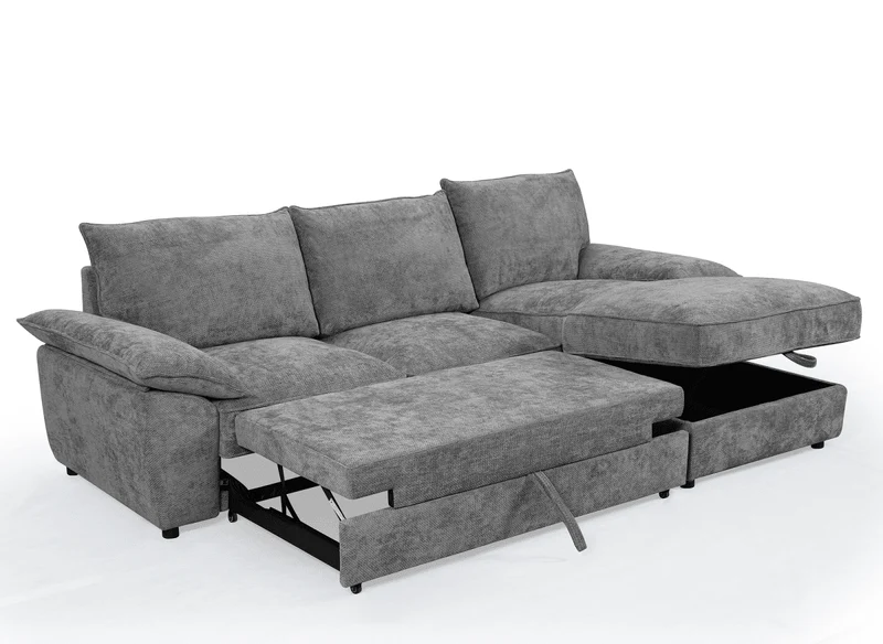 Canapé d'angle convertible avec coffre de rangement en velours chiné gris GABIN - Angle droit