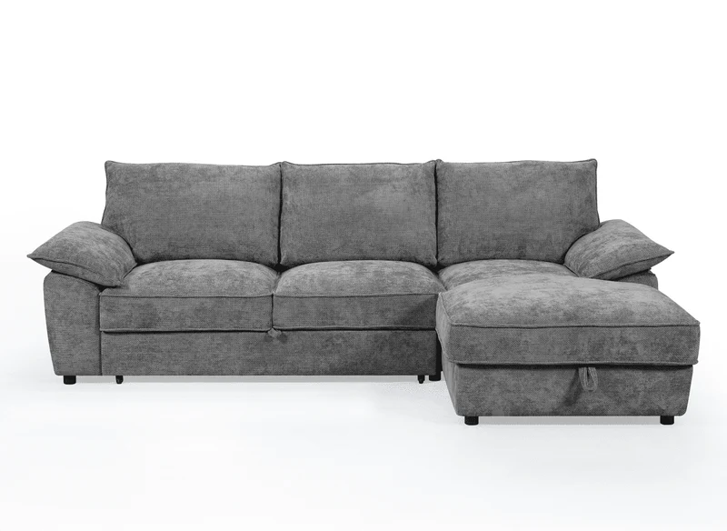 Canapé d'angle convertible avec coffre de rangement en velours chiné gris GABIN - Angle droit