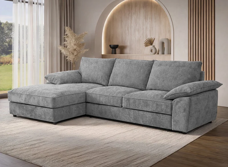 Canapé d'angle convertible avec coffre de rangement en velours chiné gris GABIN - Angle gauche