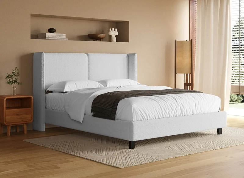 Lit double en tissu effet peau de mouton gris clair 160x200 cm KAYDEN