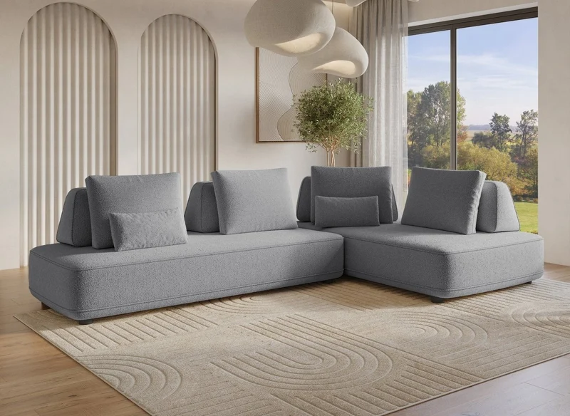 Canapé d'angle réversible en tissu bouclette gris ISAORA