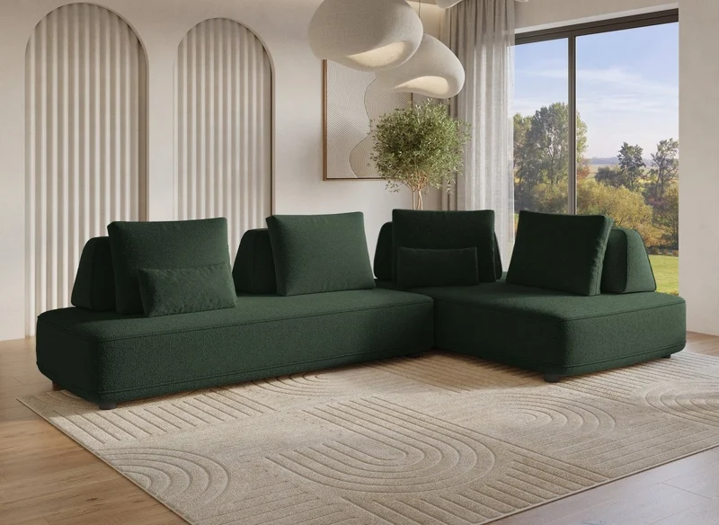 Canapé d'angle réversible en tissu bouclette vert kaki ISAORA