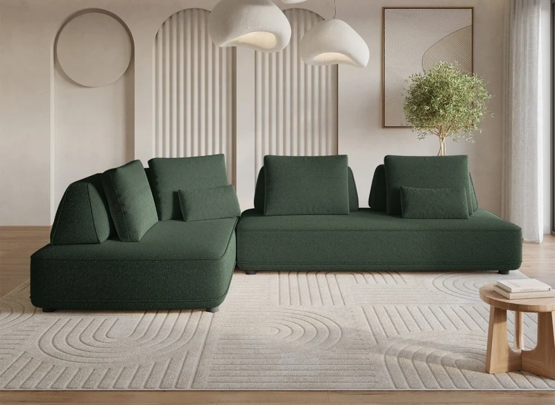 Canapé d'angle réversible en tissu bouclette vert kaki ISAORA