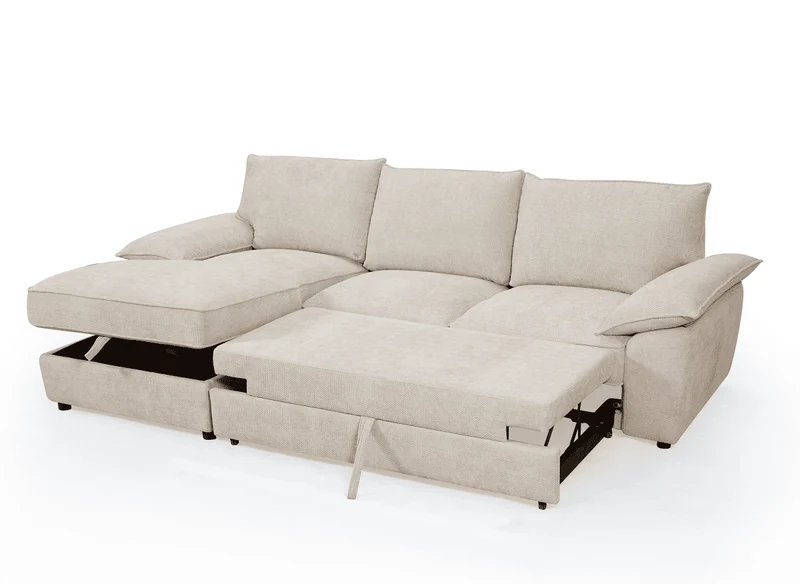 Canapé d'angle convertible avec coffre de rangement en velours chiné beige GABIN - Angle gauche