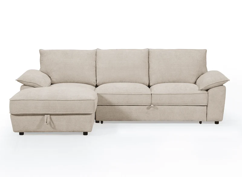 Canapé d'angle convertible avec coffre de rangement en velours chiné beige GABIN - Angle gauche