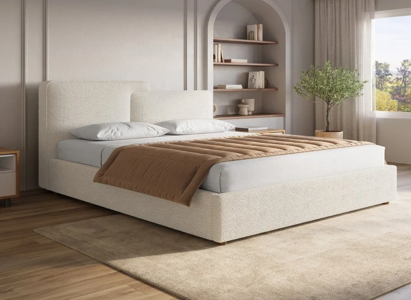 Lit coffre en tissu bouclette beige 180x200 cm ZELIA