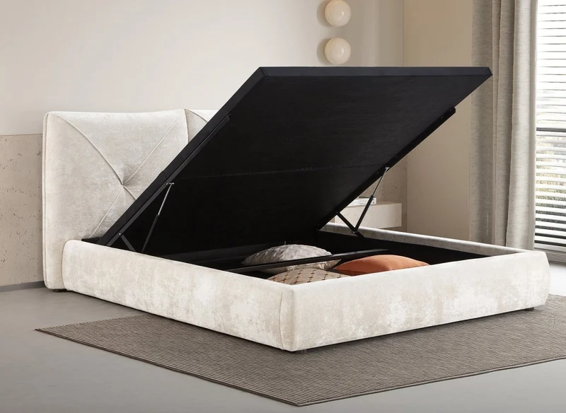 Lit coffre en tissu bouclette doux beige 180x200 cm NOAH