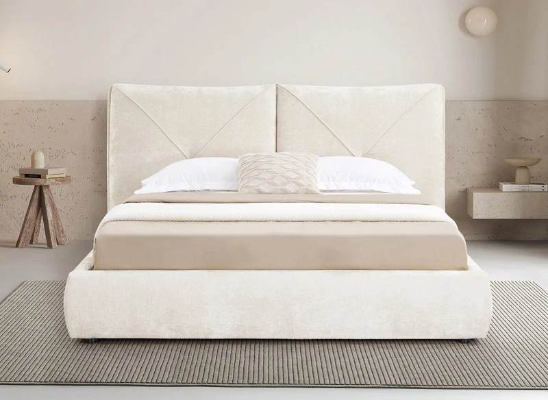 Lit coffre en tissu bouclette doux beige 180x200 cm NOAH