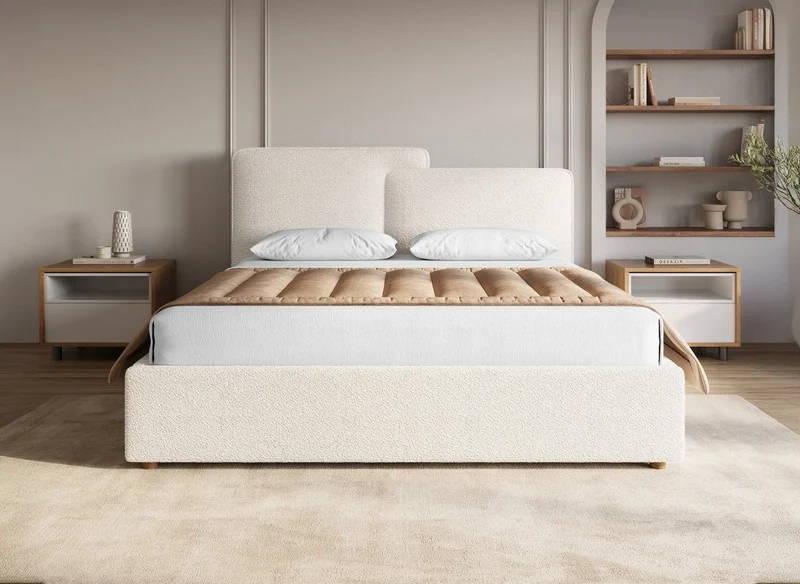 Lit coffre en tissu bouclette beige 140x190 cm ZELIA