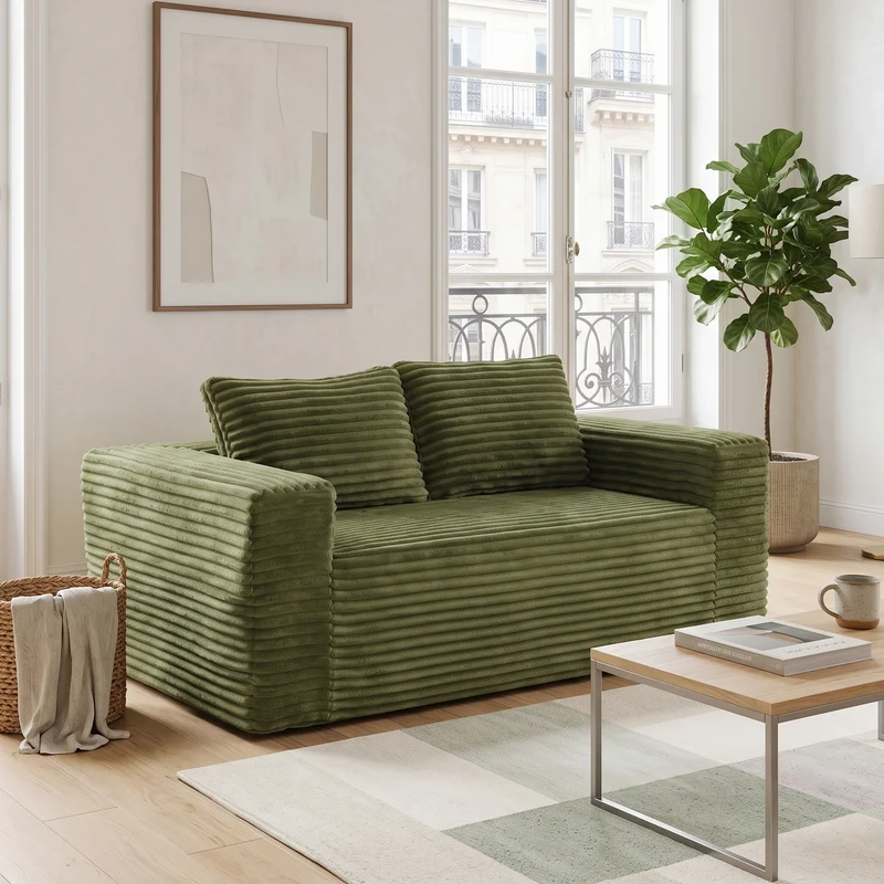 Canapé 2 places en velours côtelé vert haute densité, sans montage MINIMALISTCURTAINSET
