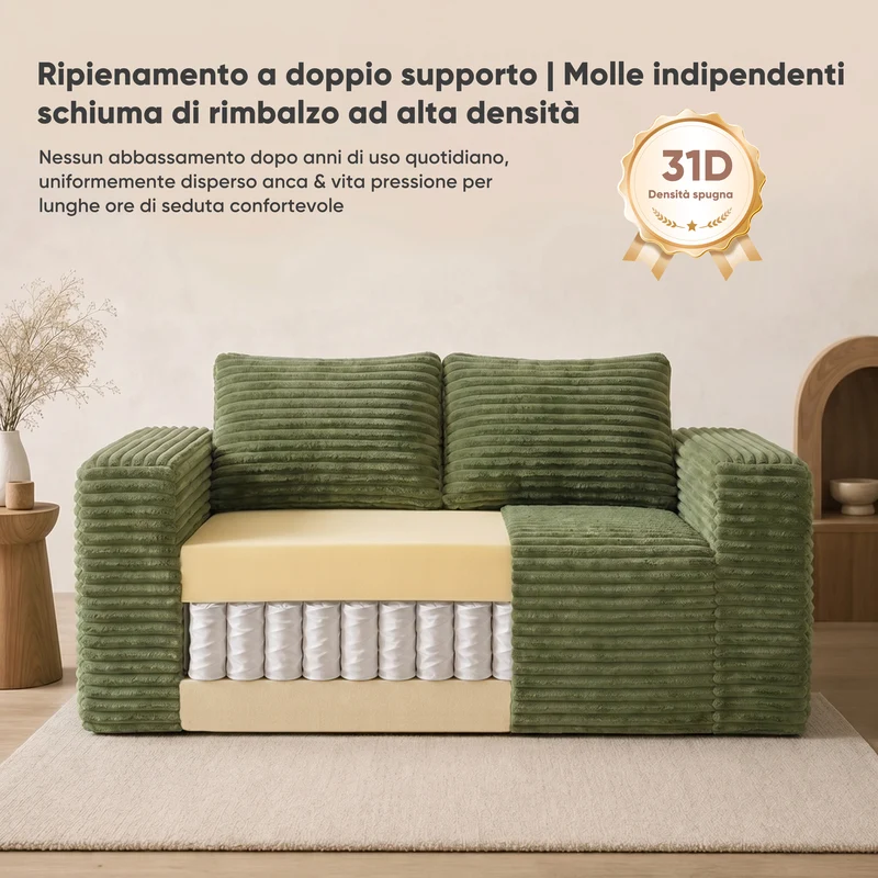 Canapé 2 places en velours côtelé vert haute densité, sans montage MINIMALISTCURTAINSET