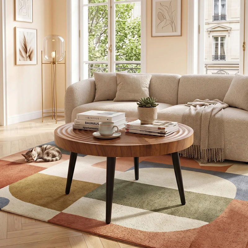 Table basse ronde Ø60 cm en noyer avec plateau texturé motif cernes d'arbre MINIMALISTCEILINGSET