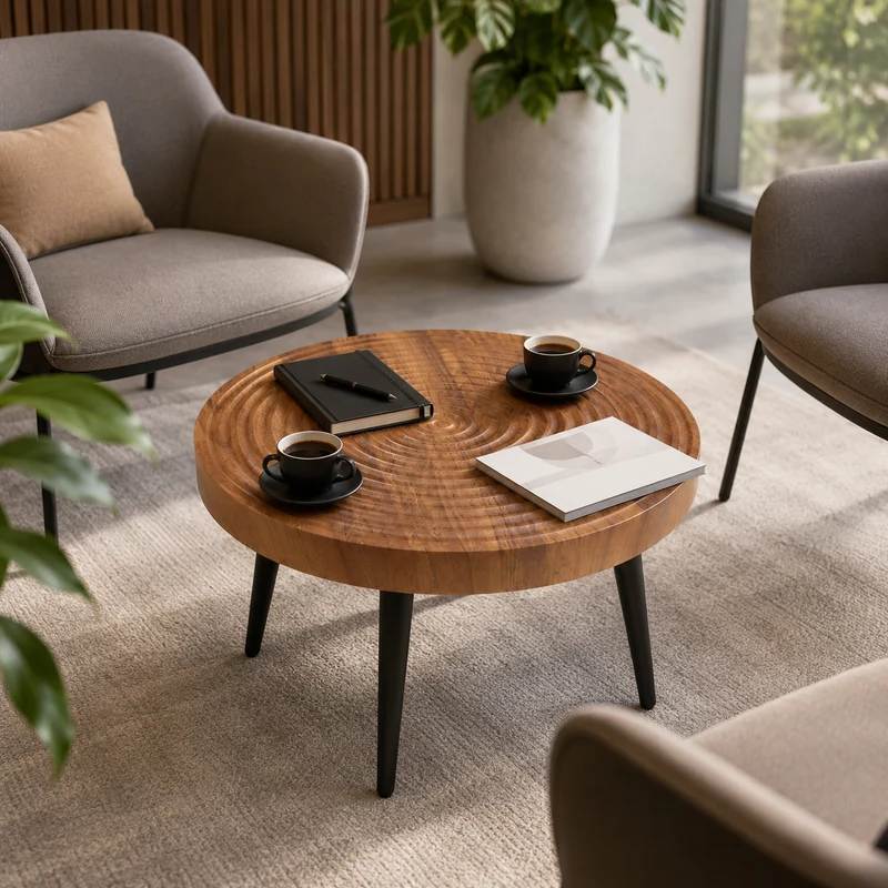 Table basse ronde Ø60 cm en noyer avec plateau texturé motif cernes d'arbre MINIMALISTCEILINGSET