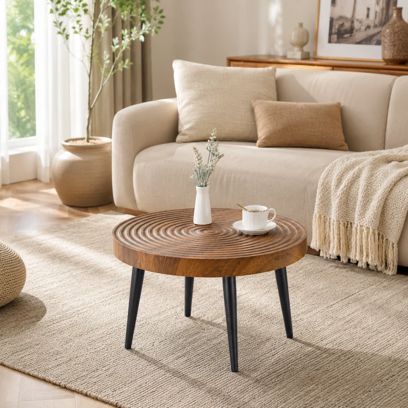 Table basse ronde Ø60 cm en noyer avec plateau texturé motif cernes d'arbre MINIMALISTCEILINGSET