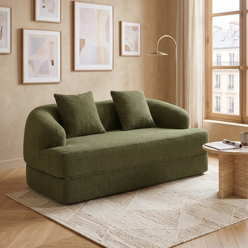 Canapé-lit 2 places convertible en chenille verte texturé et 2 coussins LAMP BLACK