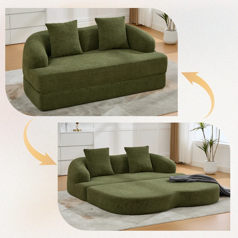 Canapé-lit 2 places convertible en chenille verte texturé et 2 coussins LAMP BLACK