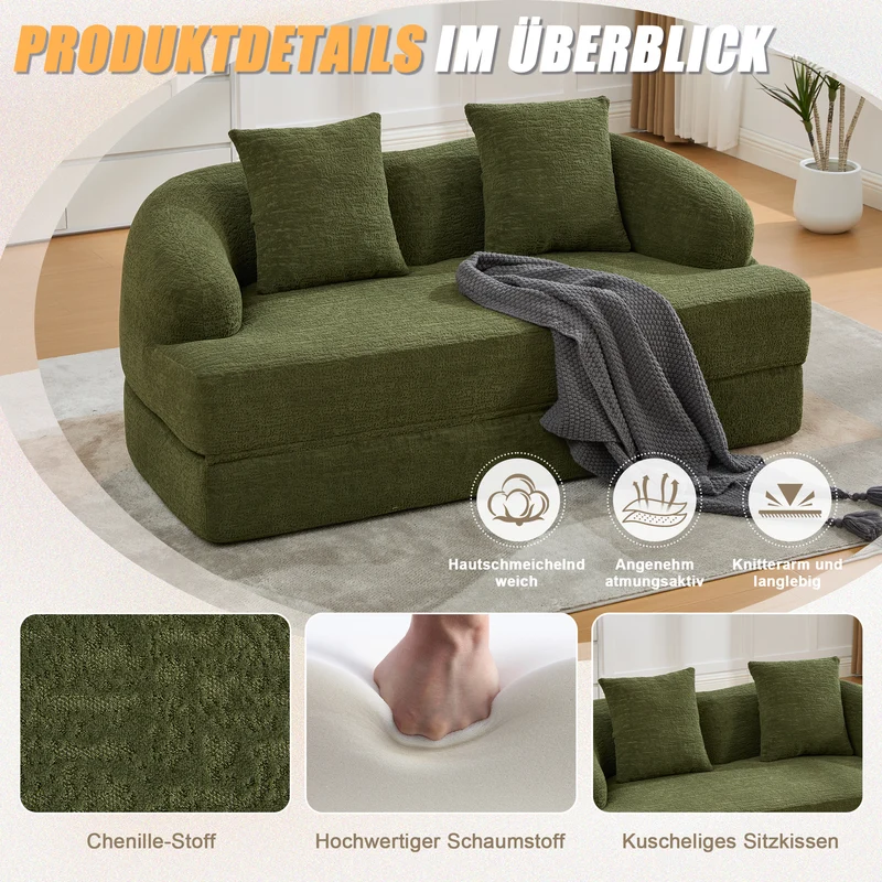 Canapé-lit 2 places convertible en chenille verte texturé et 2 coussins LAMP BLACK