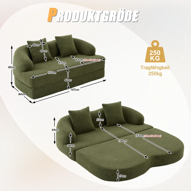 Canapé-lit 2 places convertible en chenille verte texturé et 2 coussins LAMP BLACK