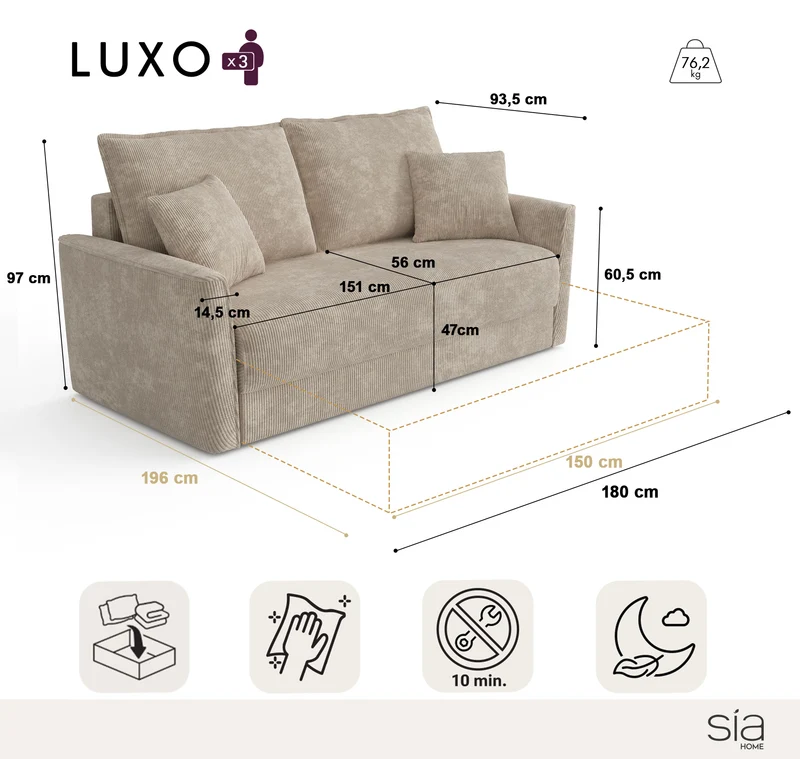 Canapé convertible 3 places LUXO tissu tramé touché doux