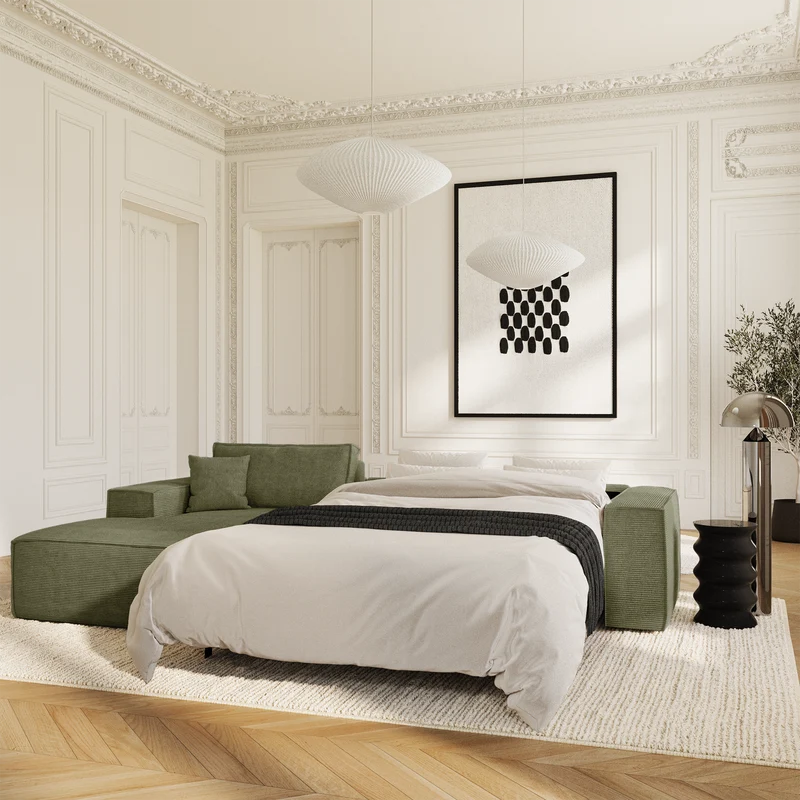 Canapé Angle Gauche convertible express matelas 140cm RUBY Velours côtelé