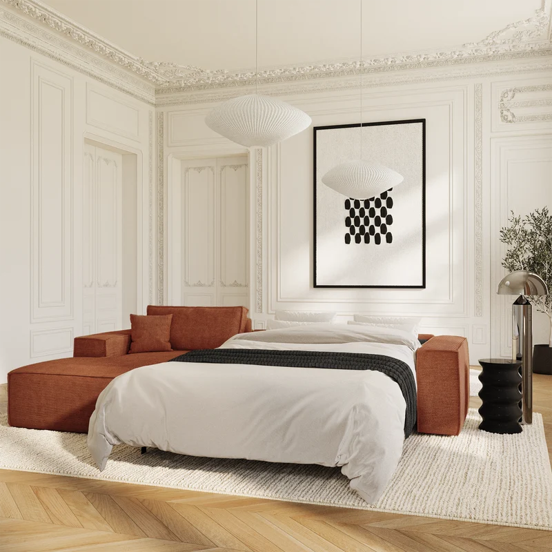 Canapé Angle Gauche convertible express matelas 140cm RUBY Velours côtelé