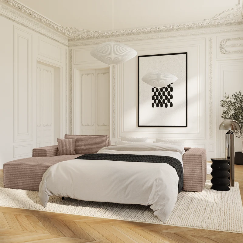 Canapé Angle Gauche convertible express matelas 140cm RUBY Velours côtelé XXL