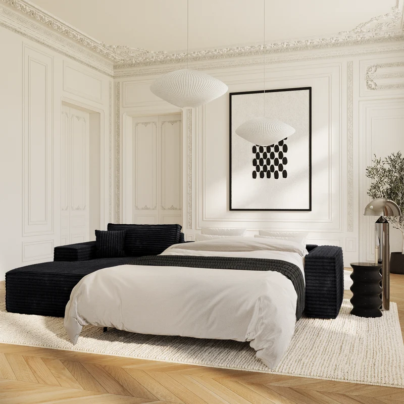 Canapé Angle Gauche convertible express matelas 140cm RUBY Velours côtelé XXL