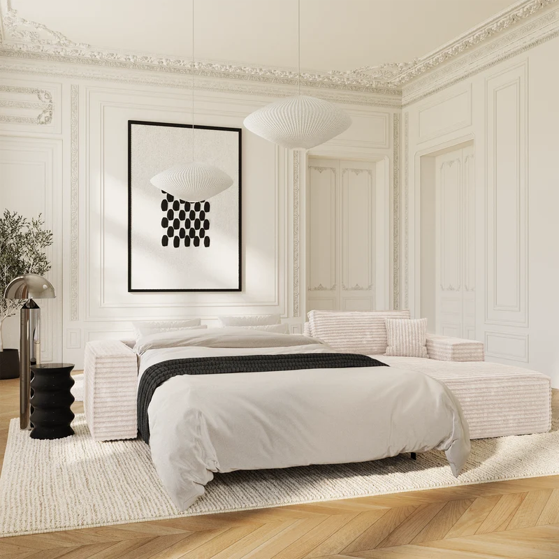 Canapé Angle Droit convertible express matelas 140cm RUBY Velours côtelé XXL