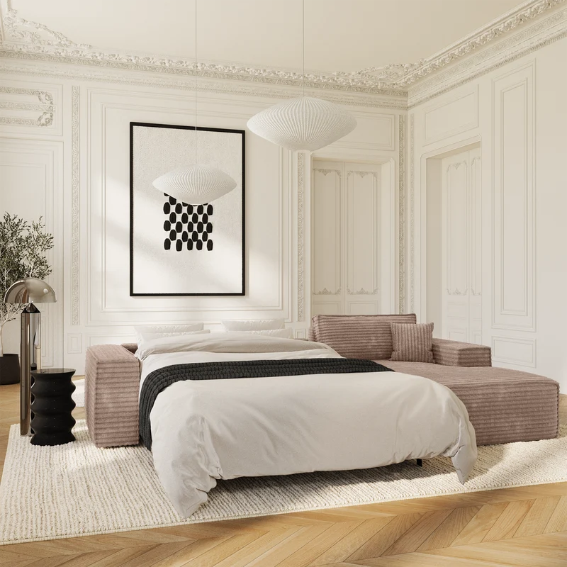 Canapé Angle Droit convertible express matelas 140cm RUBY Velours côtelé XXL