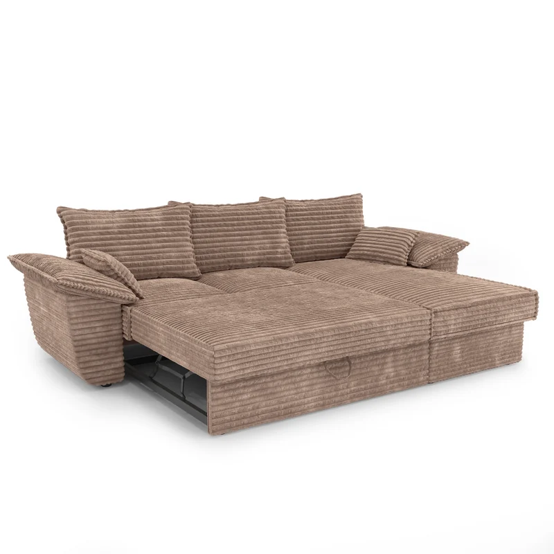 Canapé d'angle droit convertible SASHA velours côtelé XXL - Avec coffre de rangement
