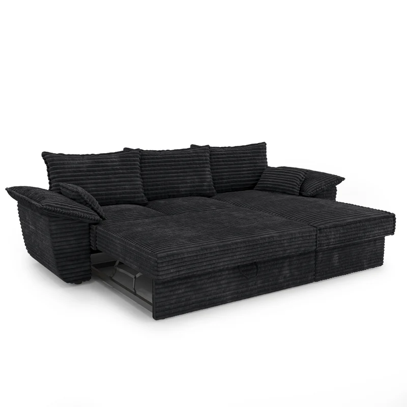 Canapé d'angle droit convertible SASHA velours côtelé XXL - Avec coffre de rangement