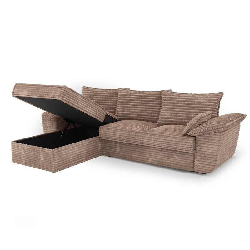 Canapé d'angle gauche convertible SASHA velours côtelé XXL - Avec coffre de rangement