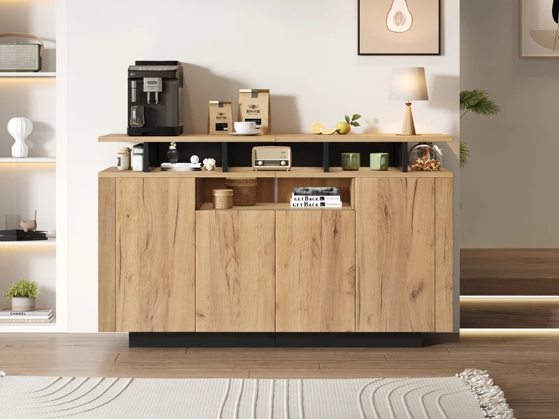Buffet effet bois naturel 4 niches ouverts 4 portes 140x40x85cm TERRALCA