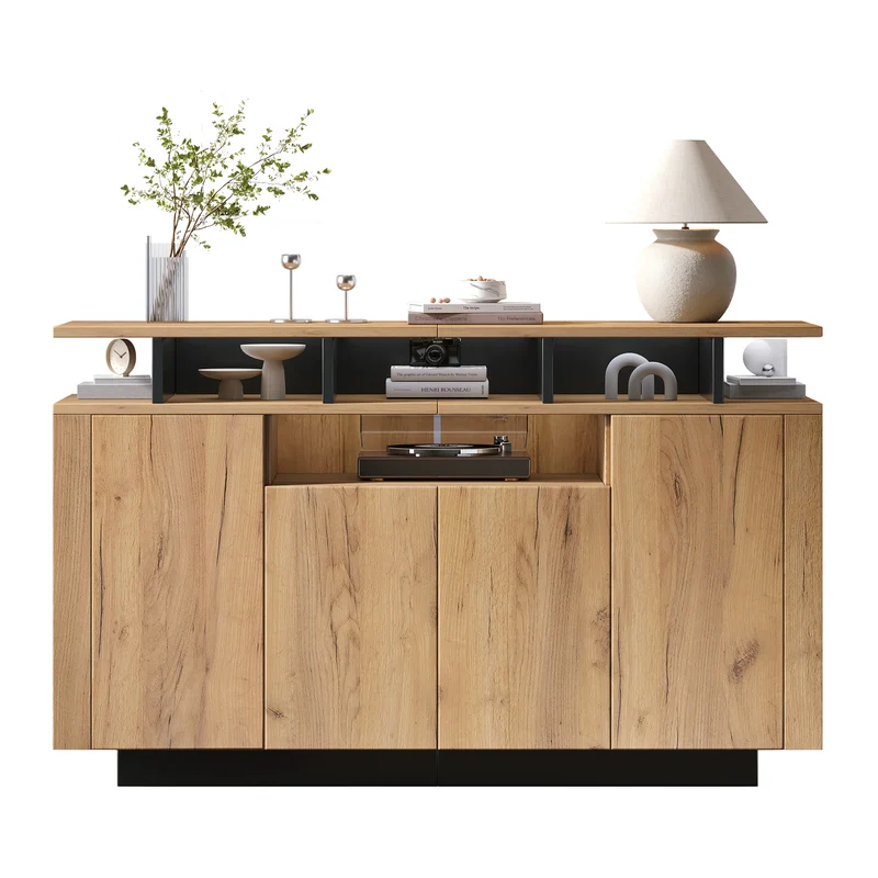 Buffet effet bois naturel 4 niches ouverts 4 portes 140x40x85cm TERRALCA