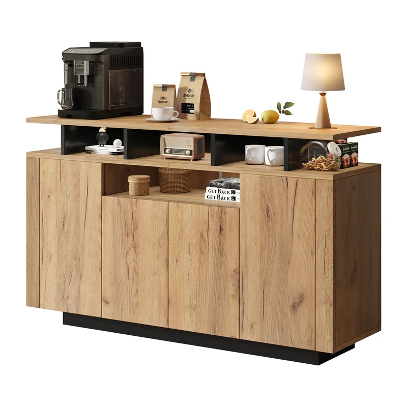 Buffet effet bois naturel 4 niches ouverts 4 portes 140x40x85cm TERRALCA