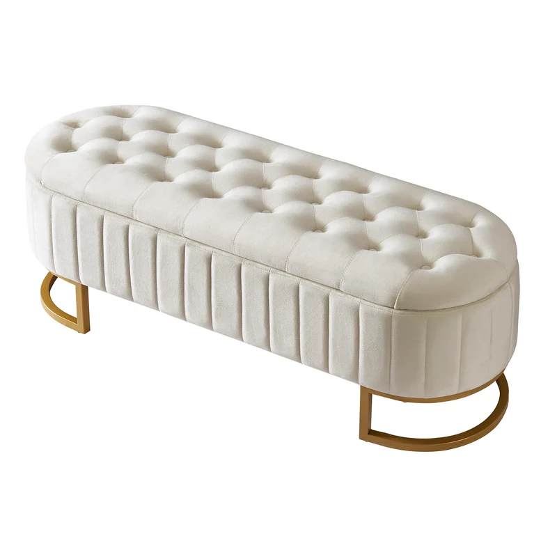 Banquette pouf capitonné en velours beige avec pieds dorés RIFTRYLATHYN