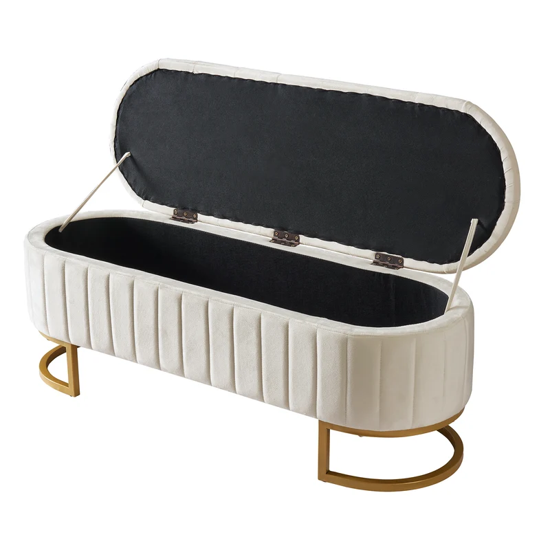 Banquette pouf capitonné en velours beige avec pieds dorés RIFTRYLATHYN