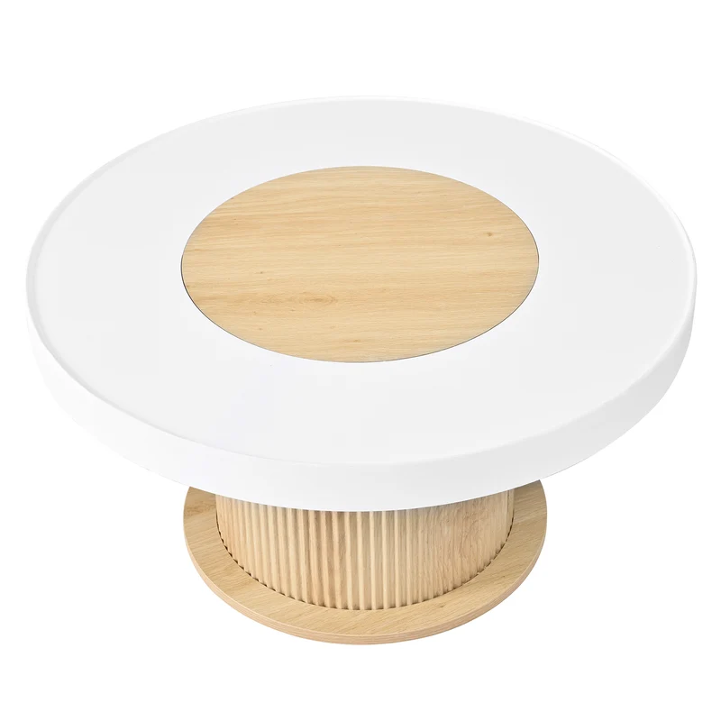 Table basse ronde bicolore blanc effet bois, pied cylindrique à rainures verticales 75x75x39cm MODERNFRAMEART
