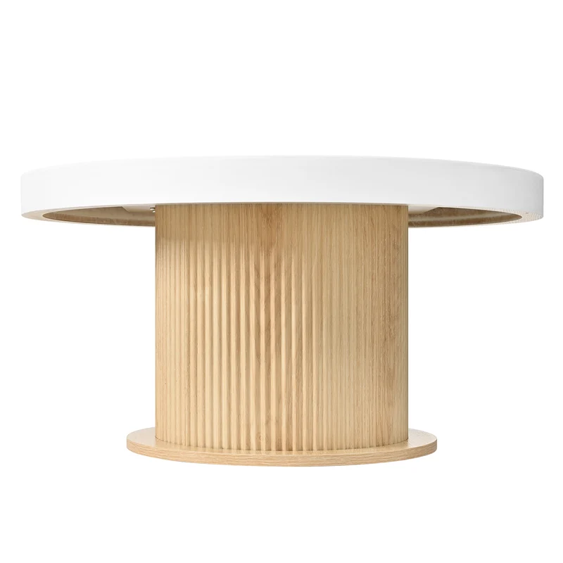 Table basse ronde bicolore blanc effet bois, pied cylindrique à rainures verticales 75x75x39cm MODERNFRAMEART