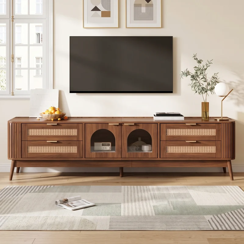 Meuble TV effet noyer avec portes en verre courbé, éclairage LED contrôlable et 4 tiroirs MODERNCHESTSET