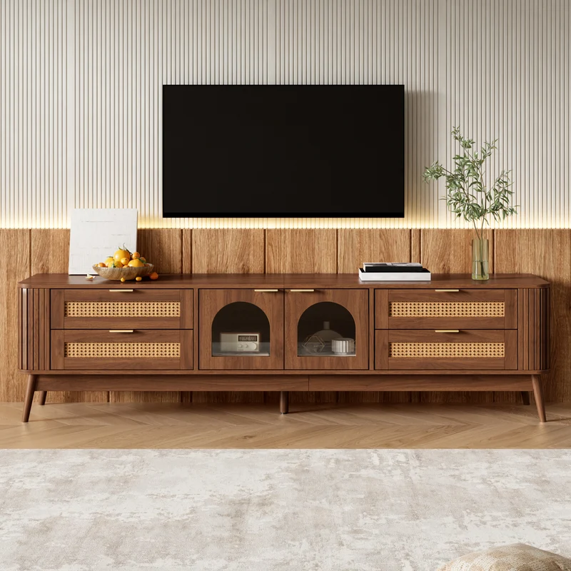 Meuble TV effet noyer avec portes en verre courbé, éclairage LED contrôlable et 4 tiroirs MODERNCHESTSET