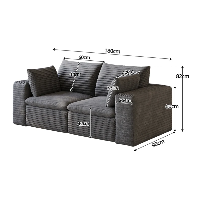 Canapé 2 places en velours côtelé gris foncé sans montage 180cm MODERNORGANIZERSET
