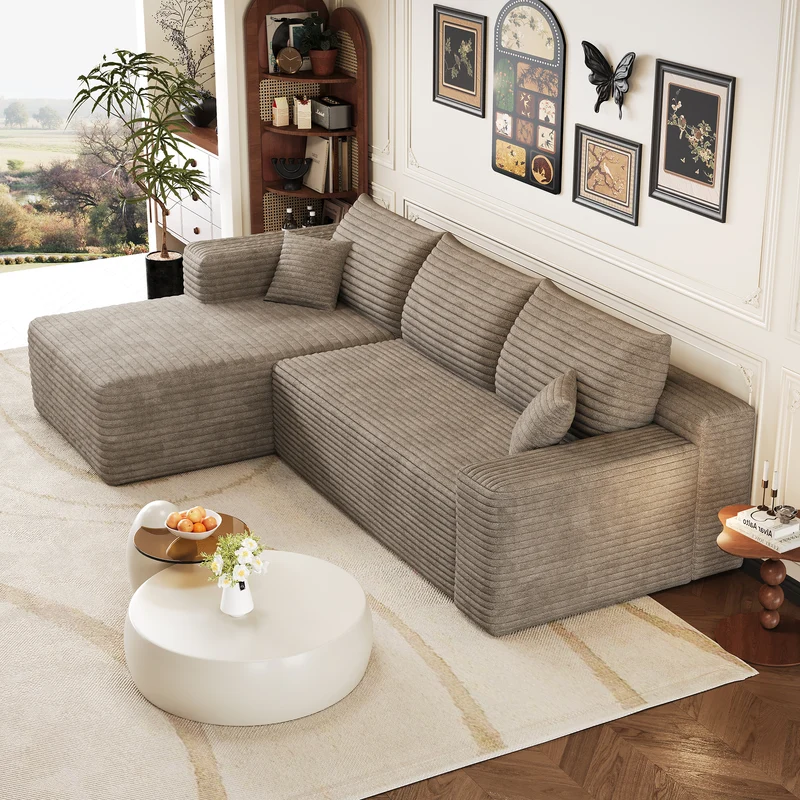 Canapé d'angle 3 places en velours côtelé camel, assise profonde sans montage 241x151x58cm MODERNORGANIZERART