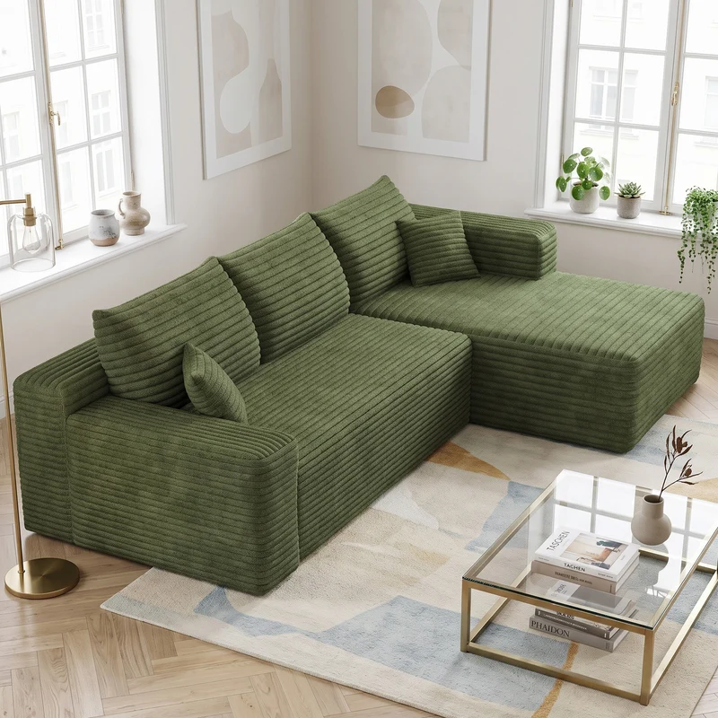 Canapé d'angle 3 places en velours côtelé vert assise profonde sans montage 241x151x58cm MODERNONE