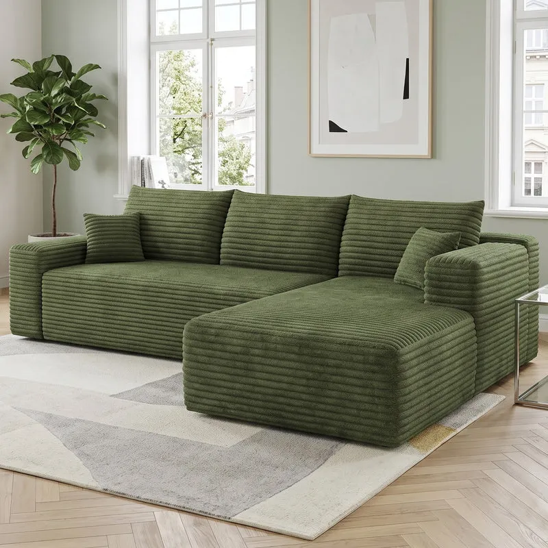 Canapé d'angle 3 places en velours côtelé vert assise profonde sans montage 241x151x58cm MODERNONE