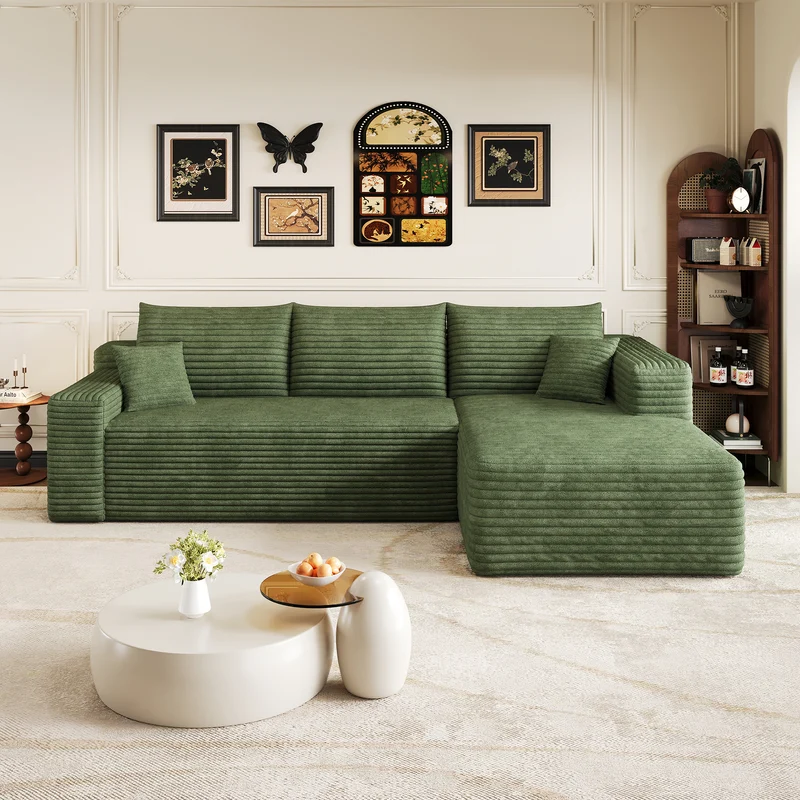 Canapé d'angle 3 places en velours côtelé vert assise profonde sans montage 241x151x58cm MODERNONE