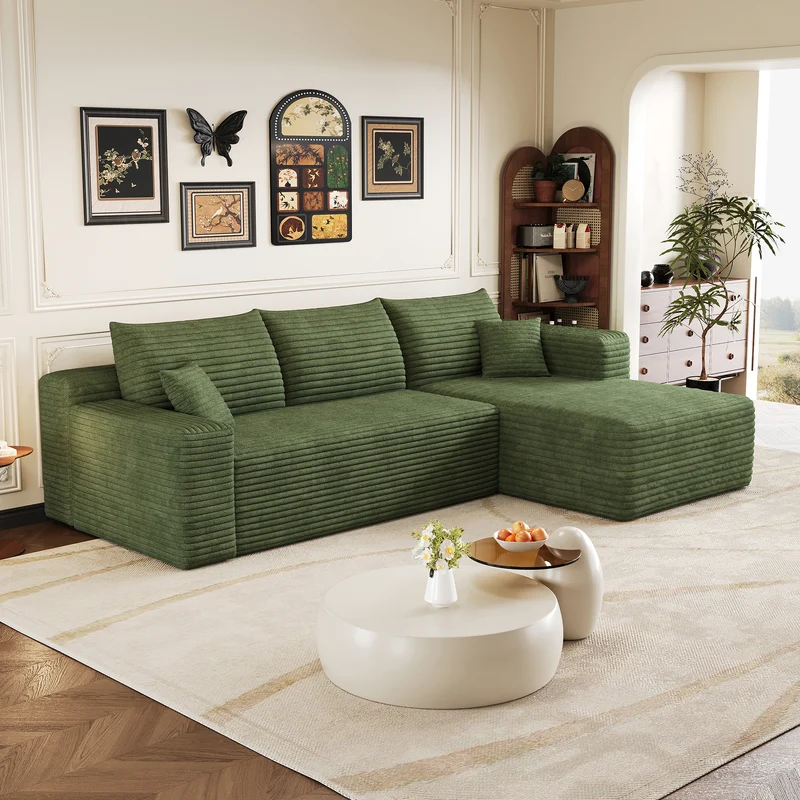 Canapé d'angle 3 places en velours côtelé vert assise profonde sans montage 241x151x58cm MODERNONE