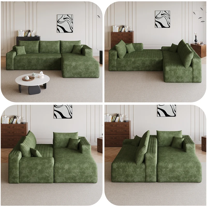 Canapé d'angle 3 places en velours côtelé vert assise profonde sans montage 241x151x58cm MODERNONE